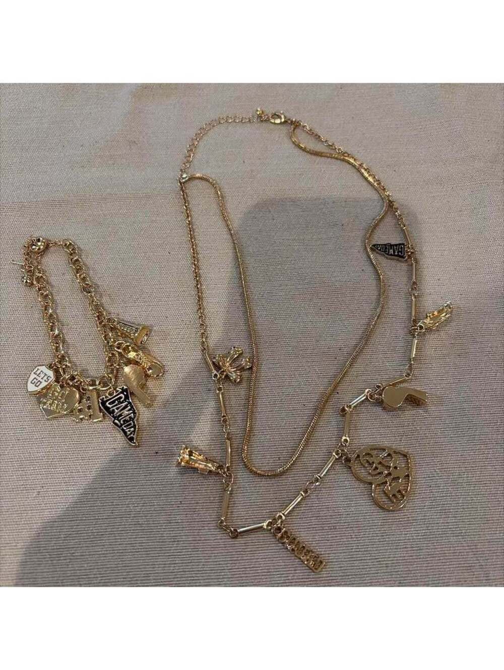 Gold Gameday Charm Necklace and Bracelet Set